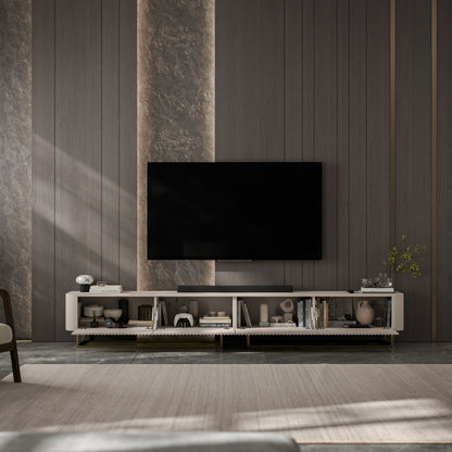 Aurora Rouded Corners Flutted TV Unit 280cm Glamour Style with Frame Stand - Cashmere / Gold Frame