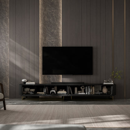 Aurora Rouded Corners Flutted TV Unit 280cm Glamour Style with Frame Stand - Black / Gold Frame