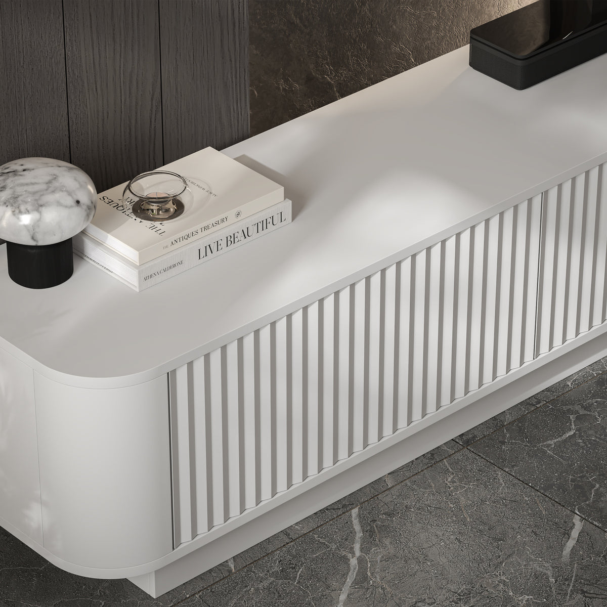 Aurora Rouded Corners Flutted TV Unit 280cm Glamour Style with Plinth Stand - White
