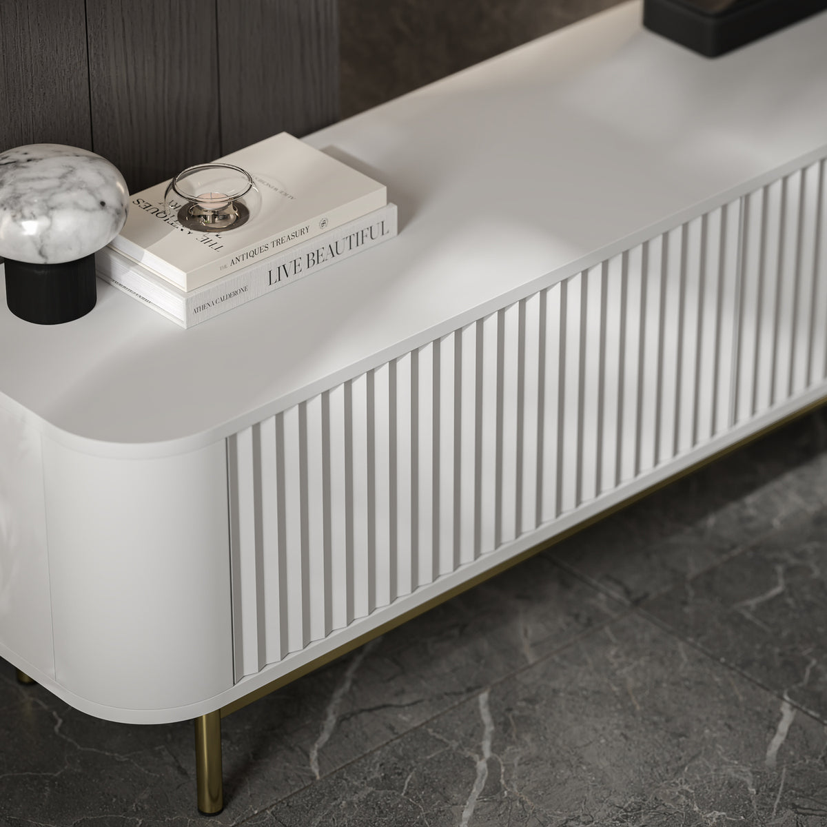 Aurora Rouded Corners Flutted TV Unit 280cm Glamour Style with Frame Legs - White / Gold Frame