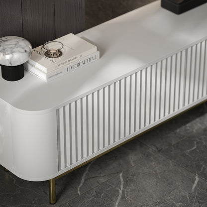 Aurora Rouded Corners Flutted TV Unit 280cm Glamour Style with Frame Legs - White / Gold Frame