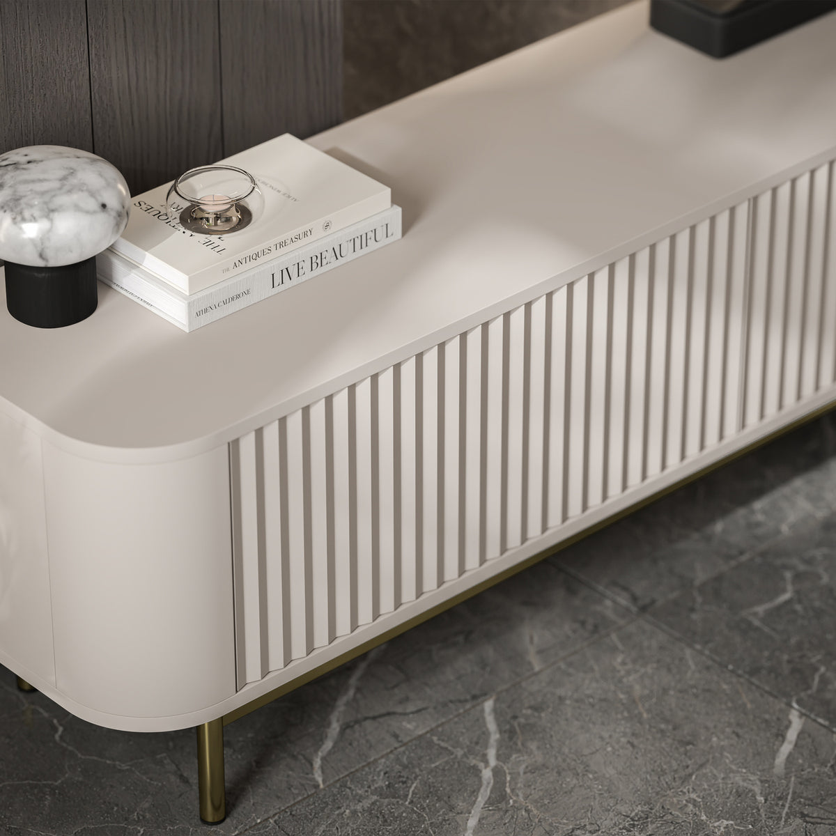 Aurora Rouded Corners Flutted TV Unit 280cm Glamour Style with Frame Legs - Cashmere / Gold Frame