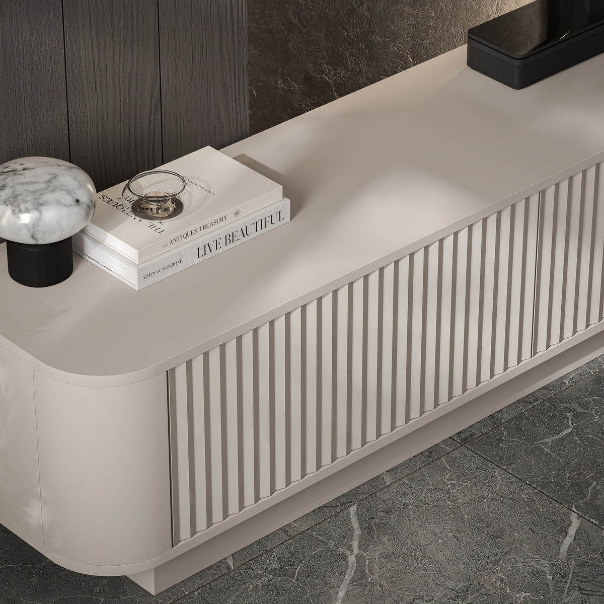 Aurora Rouded Corners Flutted TV Unit 280cm Glamour Style with Plinth Stand - Cashmere