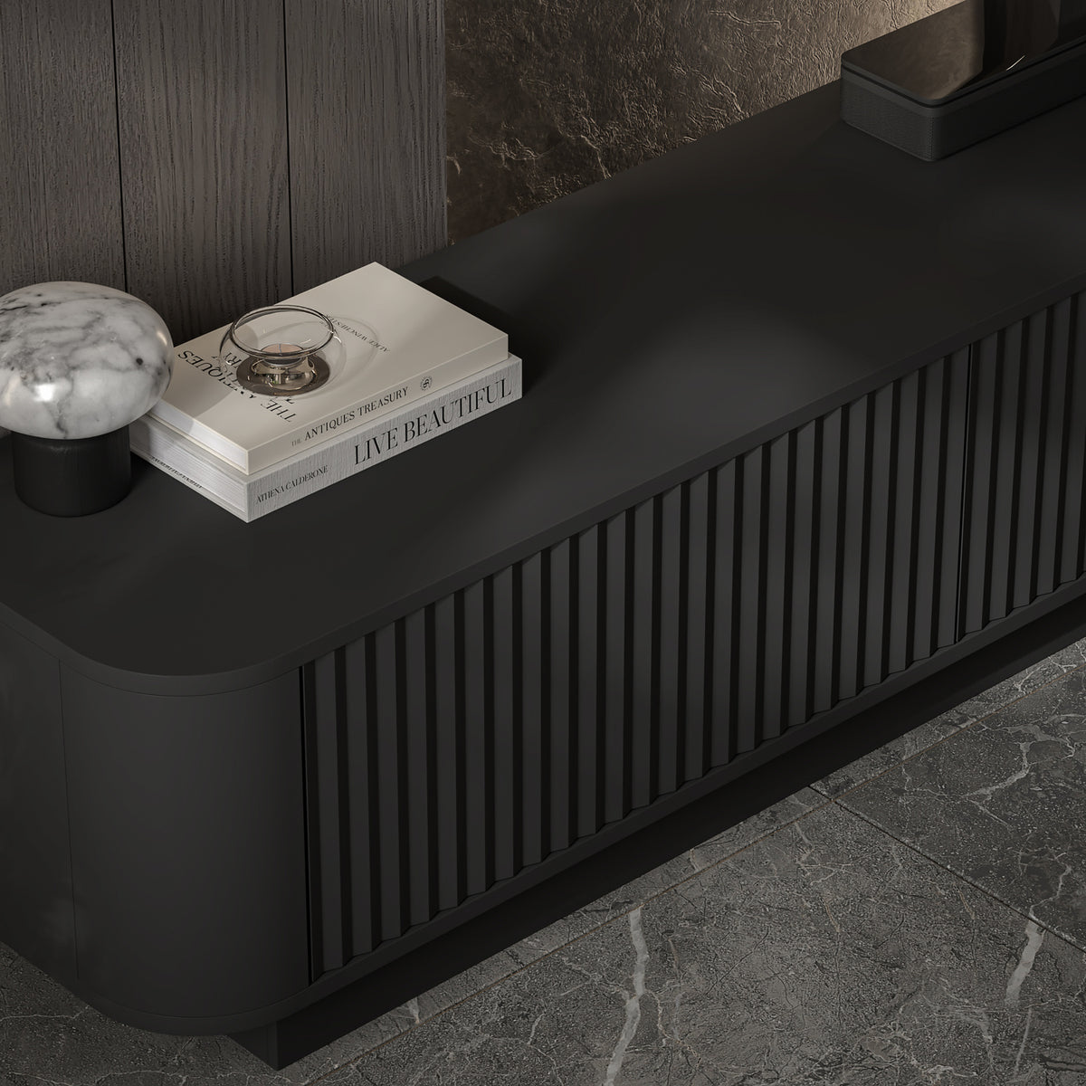 Aurora Rouded Corners Flutted TV Unit 280cm Glamour Style with Plinth Stand - Black