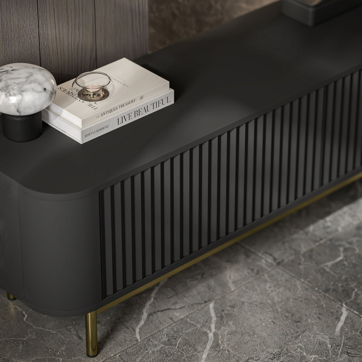 Aurora Rouded Corners Flutted TV Unit 280cm Glamour Style with Frame Legs - Black / Gold Frame
