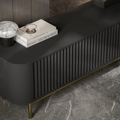 Aurora Rouded Corners Flutted TV Unit 280cm Glamour Style with Frame Legs - Black / Gold Frame