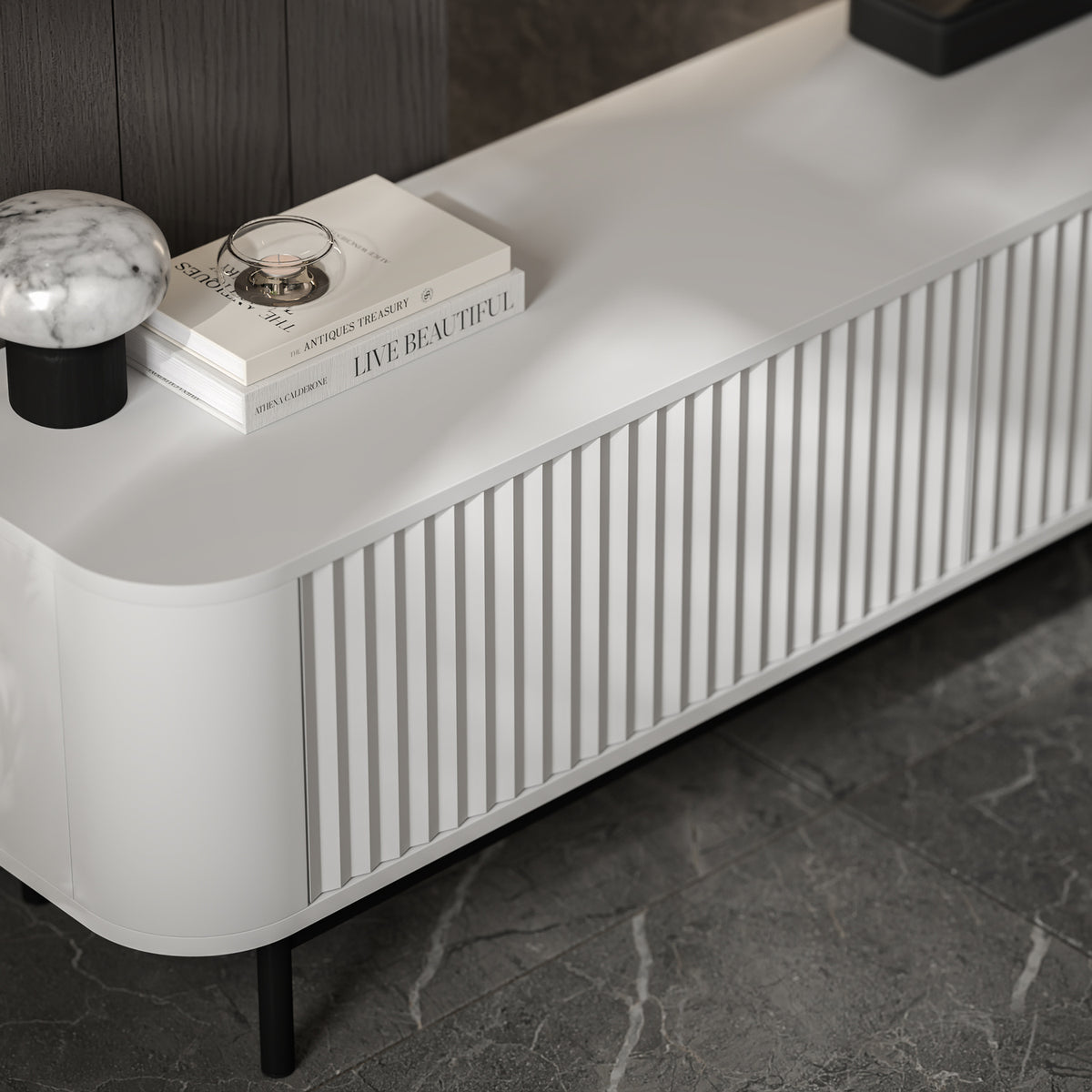 Aurora Rouded Corners Flutted TV Unit 280cm Glamour Style with Frame Legs - White / Black Frame