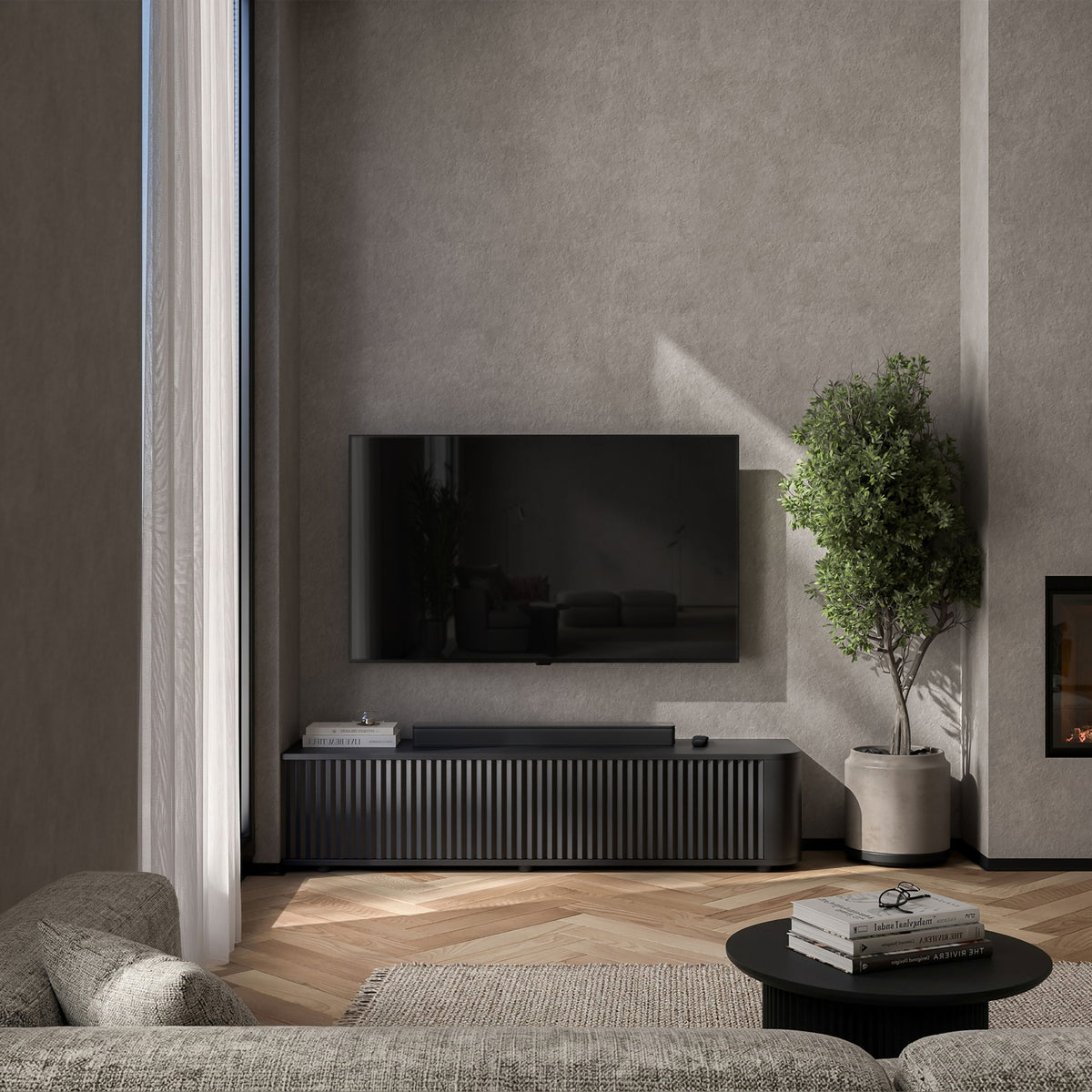 Aurora Rounded Corner Flutted TV Unit 140cm Glamour Style with Floor Pads - Black