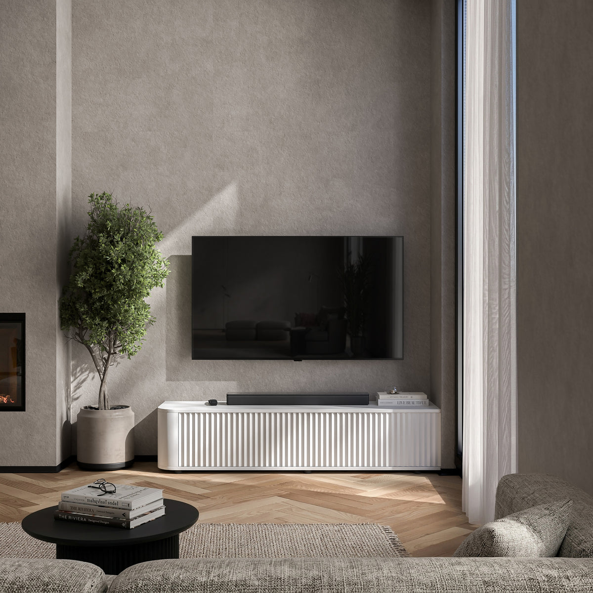 Aurora Rounded Corner Fluted TV Unit 140cm Glamour Style with Floor Pads - White