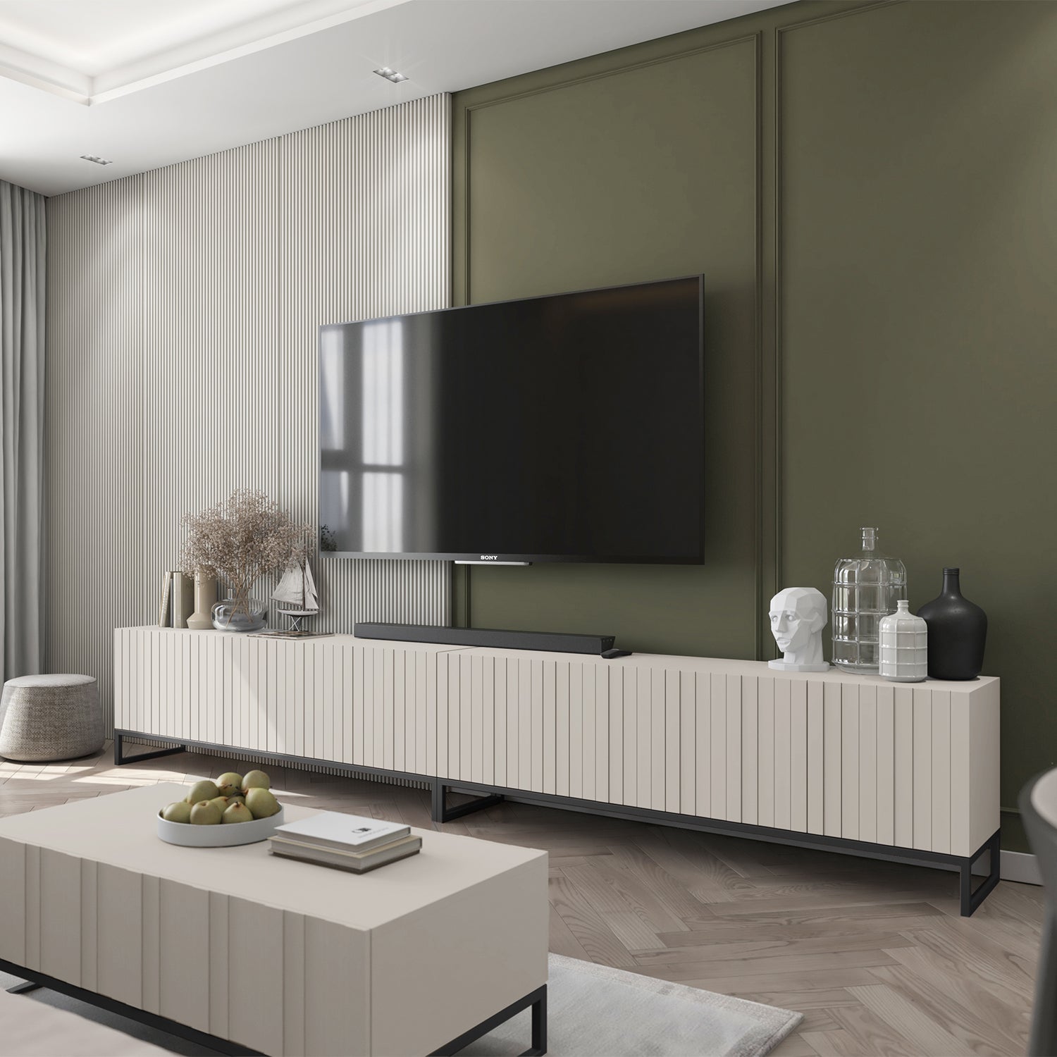 Elpis Glamour Standing TV Cabinet Media Unit with Storage Extra Long 8D 300cm - Cashmere Matt / Black Frame