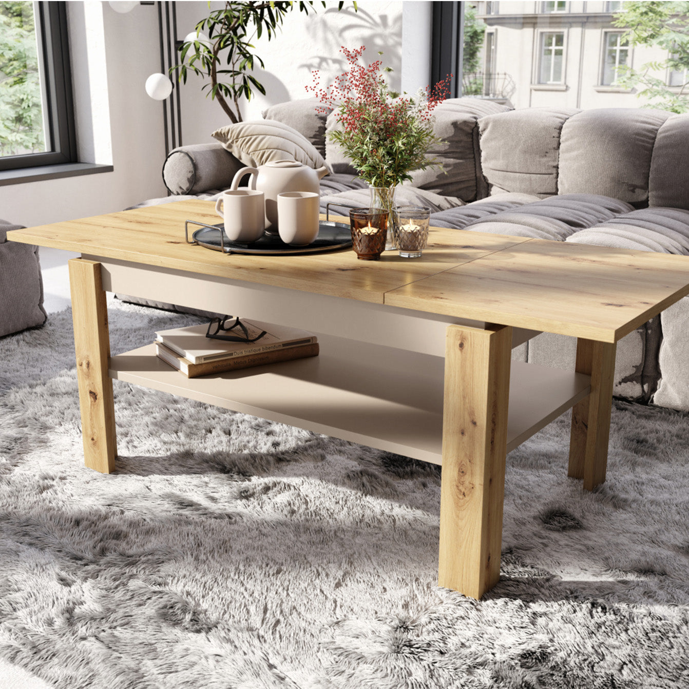 Asti-R Extending Coffee Table Contemporary Style - Artisan Oak / Beige