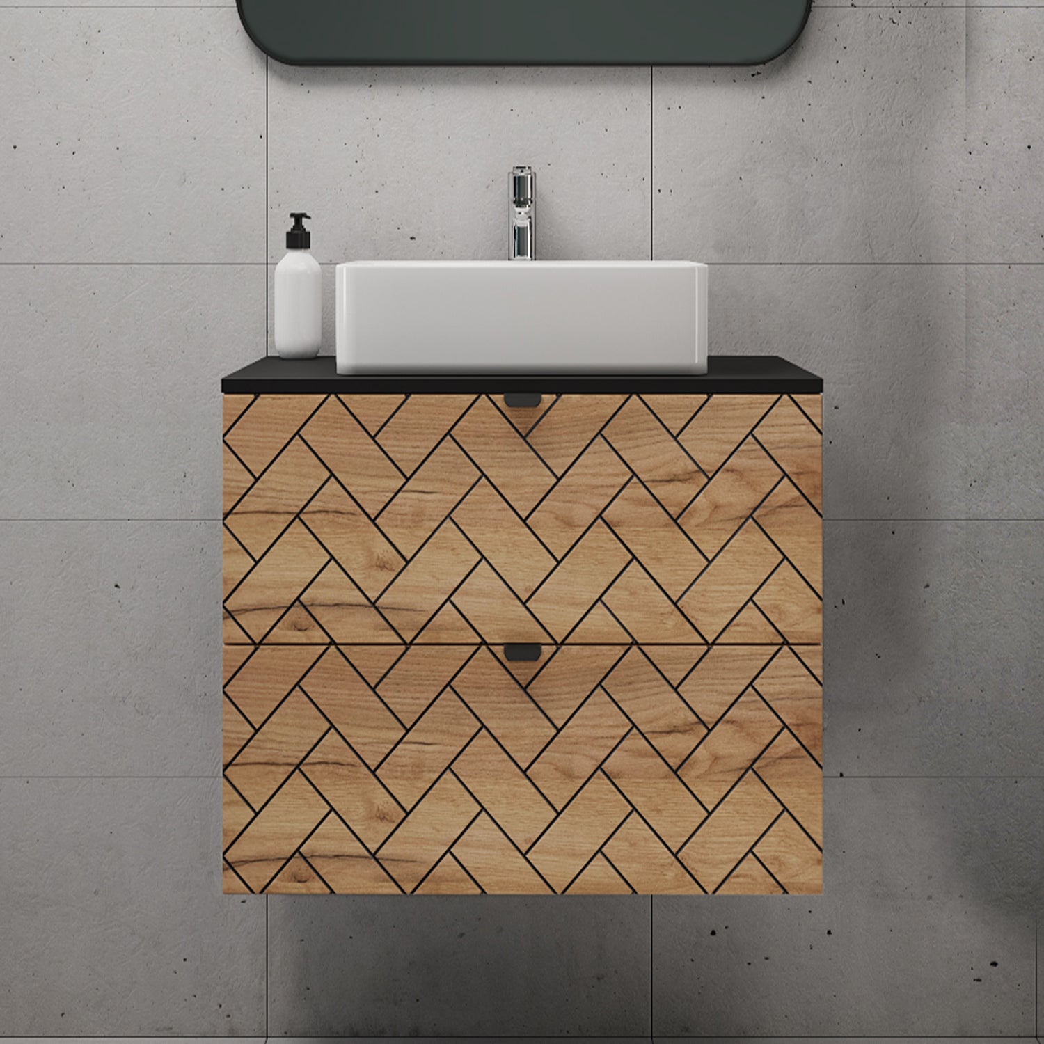 Trend Herringbone Pattern Door 60cm Bathroom Cabinet Vanity Unit with Worktop - Gold Craft Oak / Black