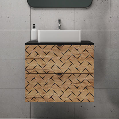 Trend Herringbone Pattern Door 60cm Bathroom Cabinet Vanity Unit with Worktop - Gold Craft Oak / Black