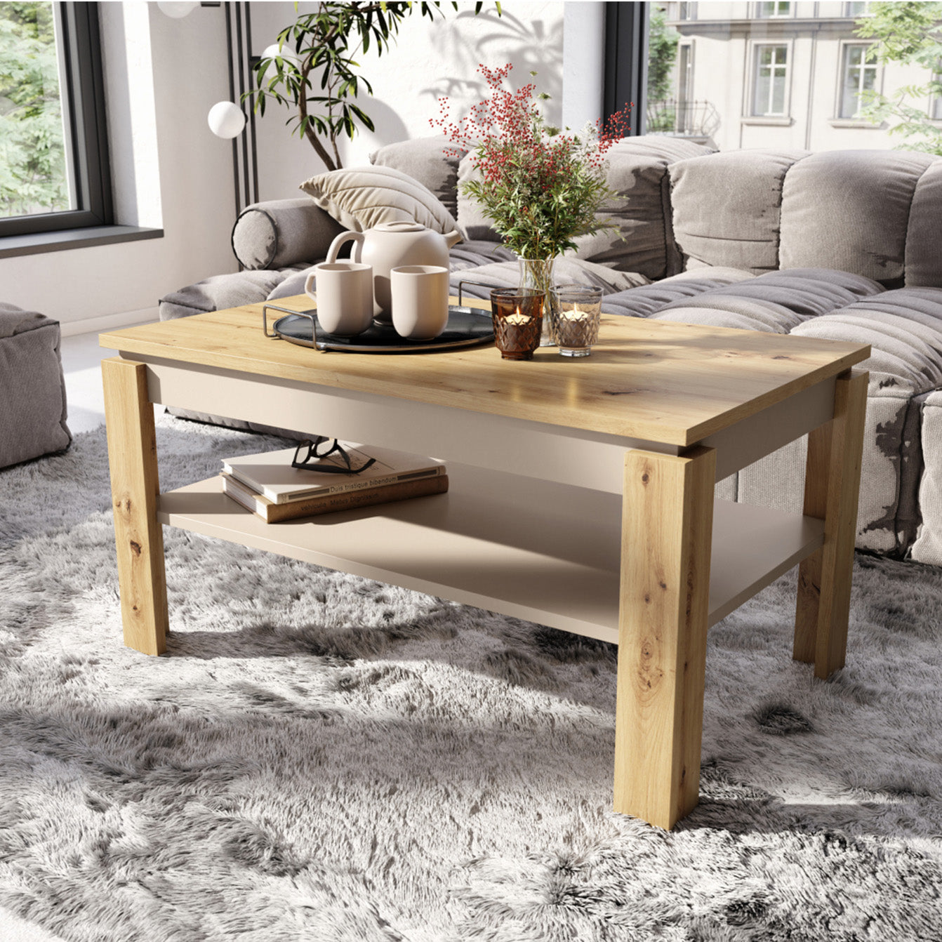 Asti-R Extending Coffee Table Contemporary Style - Artisan Oak / Beige