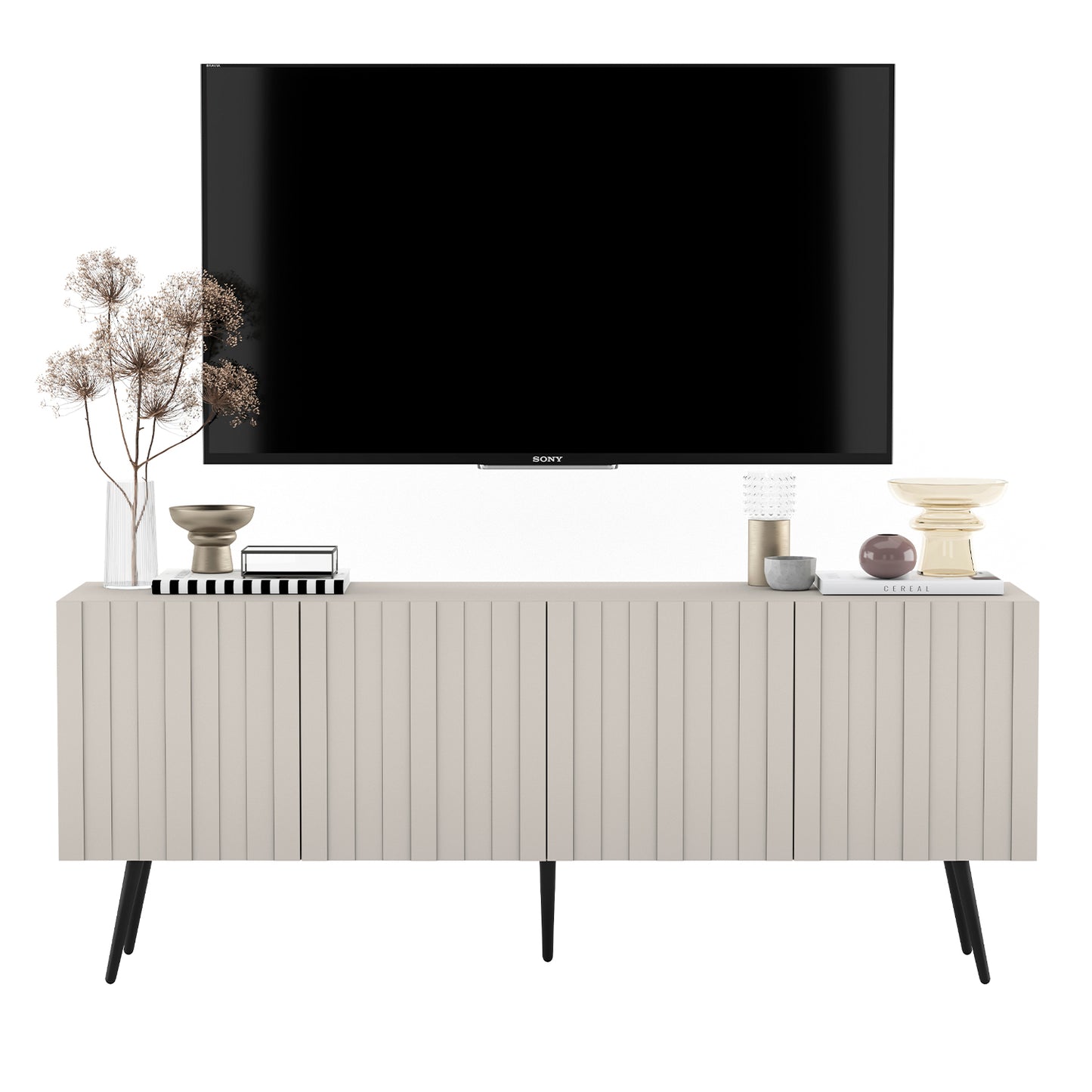 Elpis Glamour Standing TV Cabinet Media Unit with Storage 4D 150cm - Cashmere Matt / Black Legs