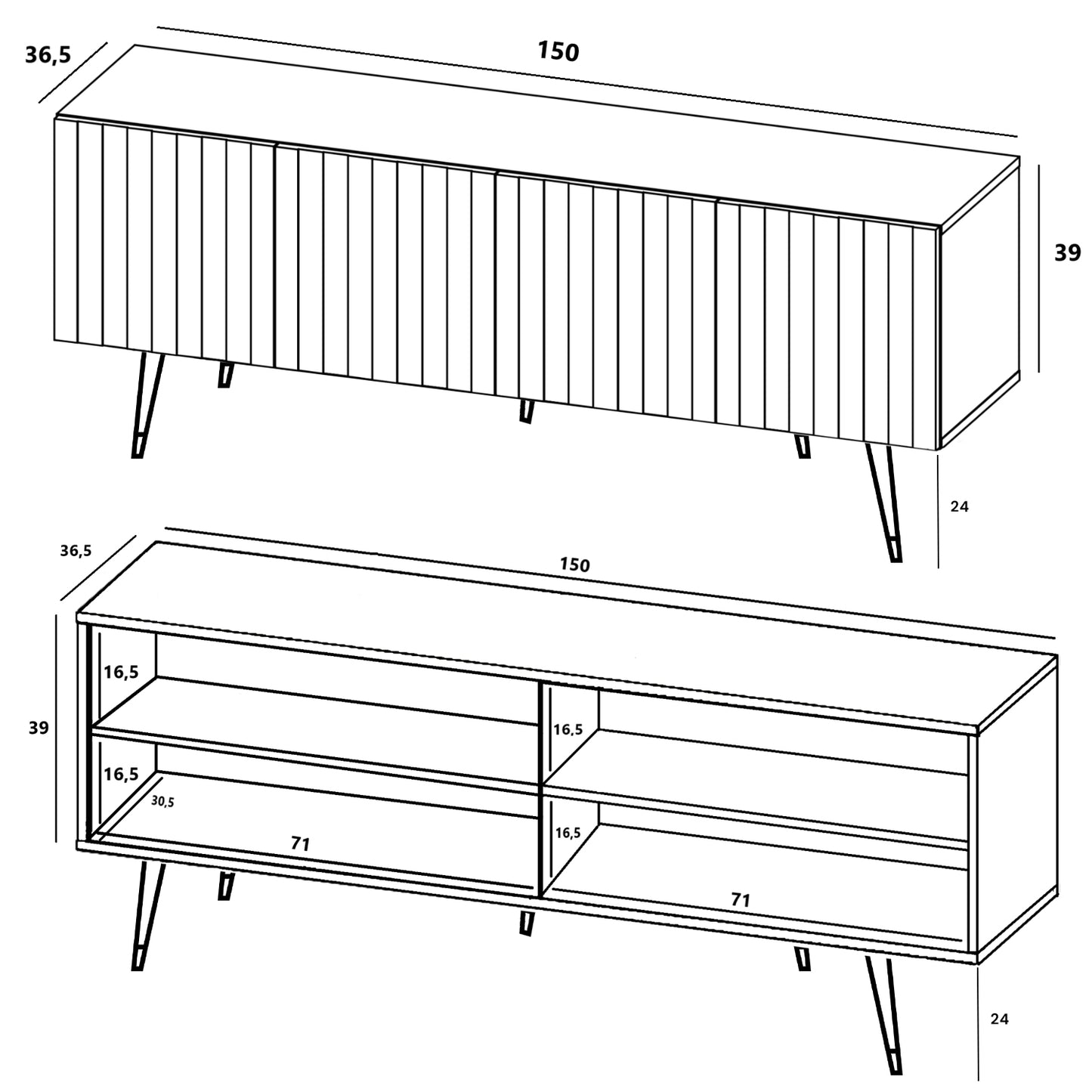 Elpis Glamour Standing TV Cabinet Media Unit with Storage 4D 150cm - Cashmere Matt / Black Legs