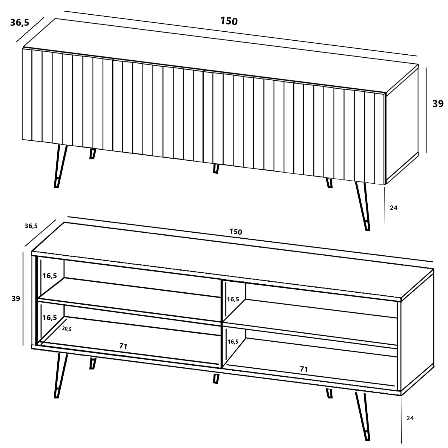 Elpis Glamour Standing TV Cabinet Media Unit with Storage 4D 150cm - Cashmere Matt / Black Legs