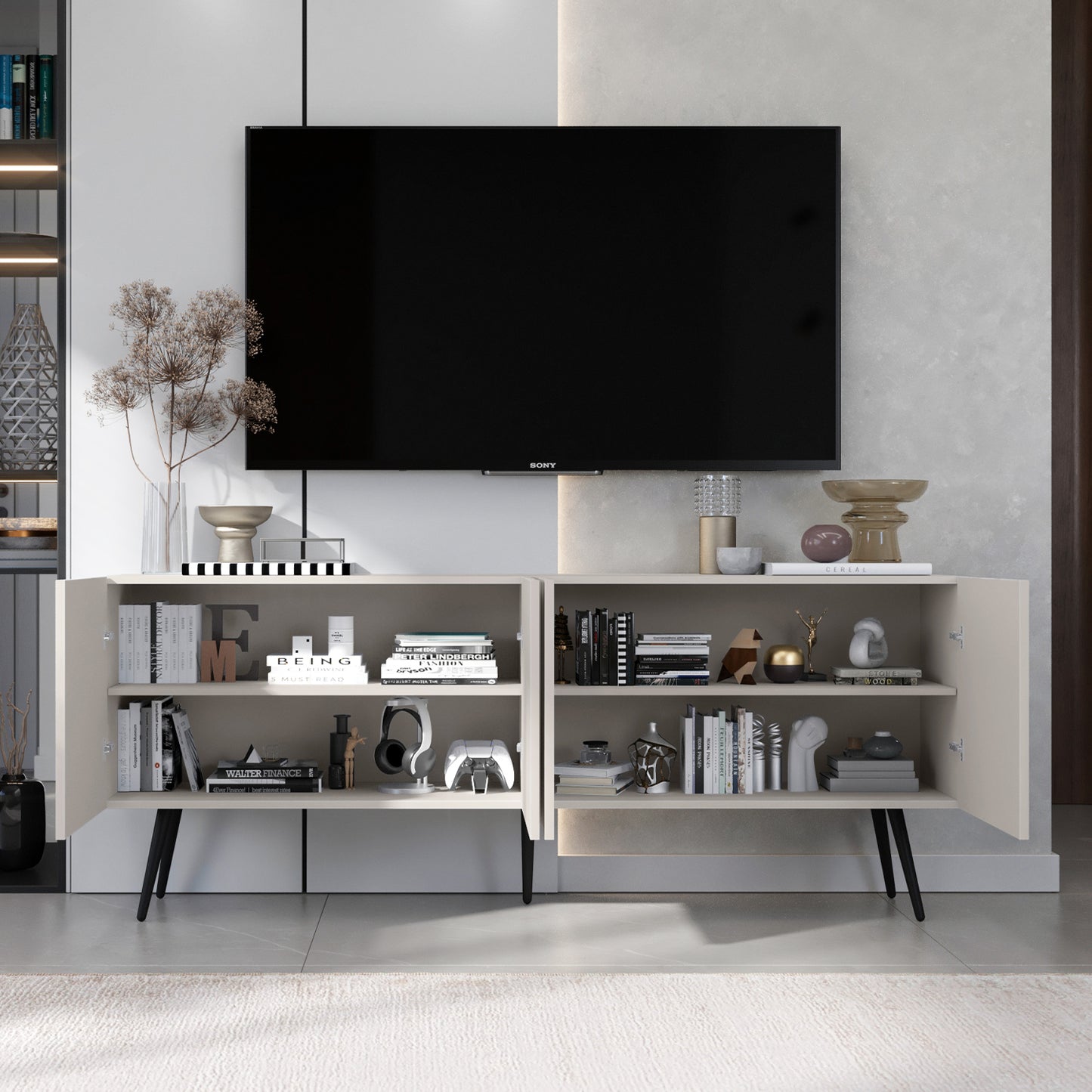 Elpis Glamour Standing TV Cabinet Media Unit with Storage 4D 150cm - Cashmere Matt / Black Legs