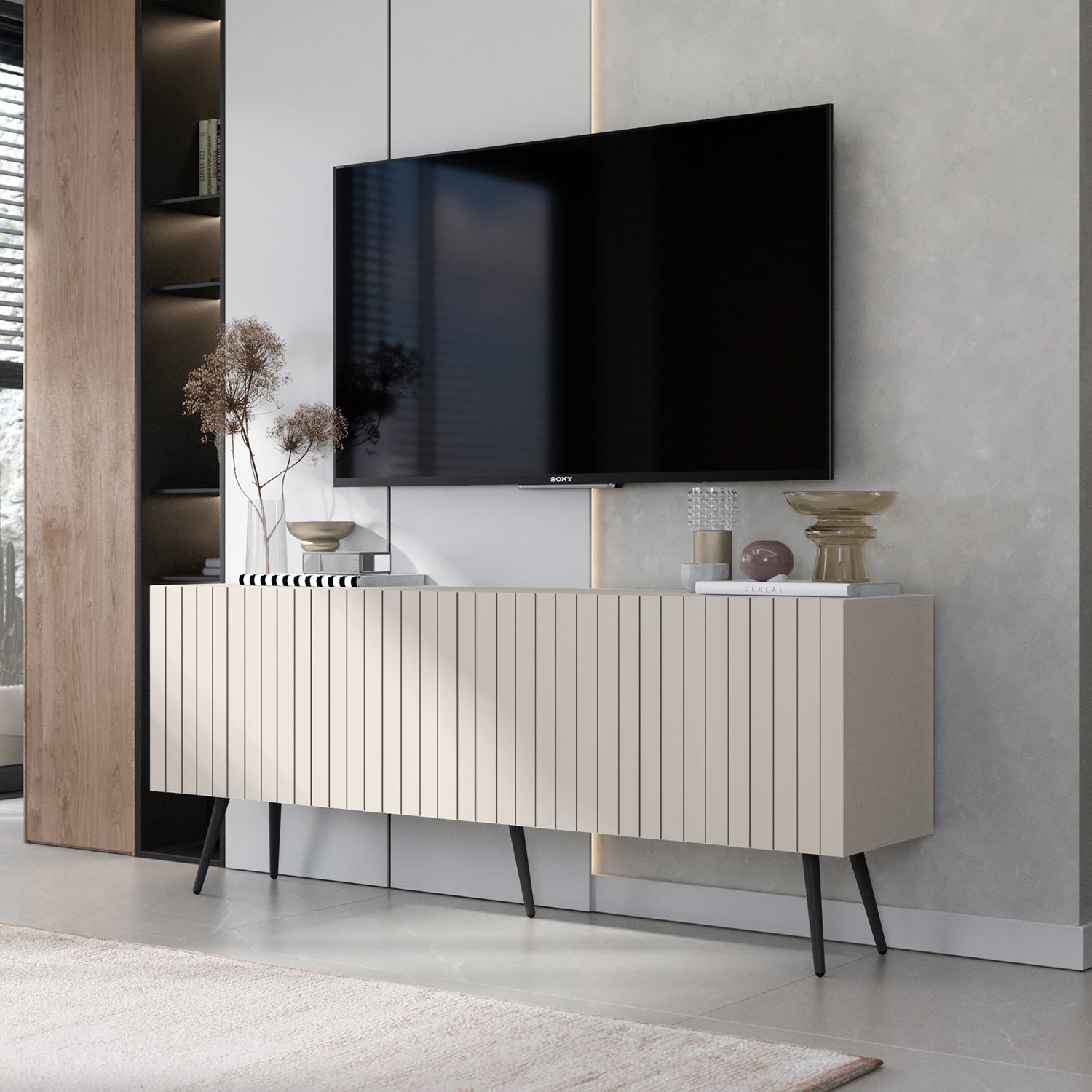 Elpis Glamour Standing TV Cabinet Media Unit with Storage 4D 150cm - Cashmere Matt / Black Legs