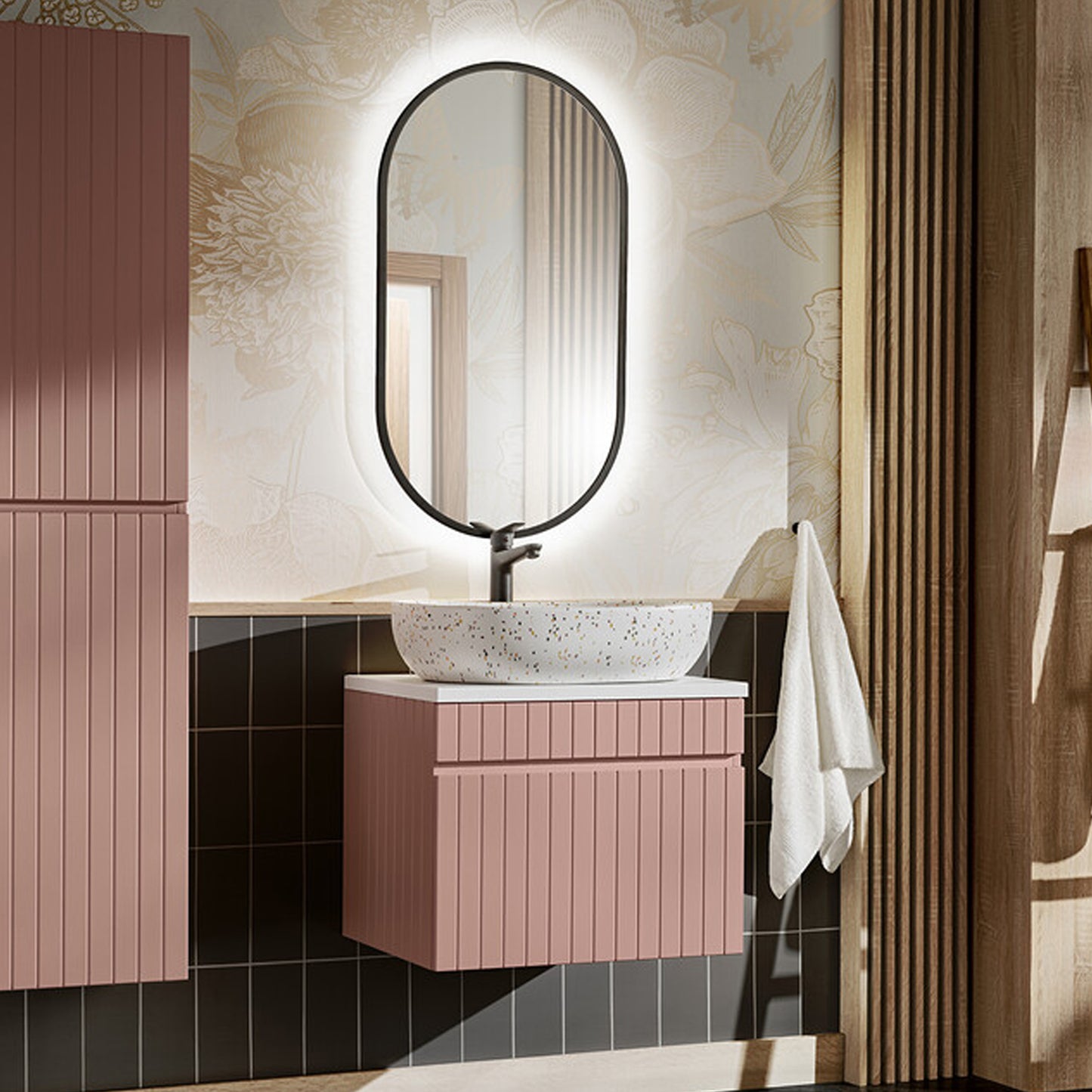 Iconic 60cm 1 Drawer Wall Mounted Bathroom Cabinet Vanity Unit with Worktop Basin - Rose