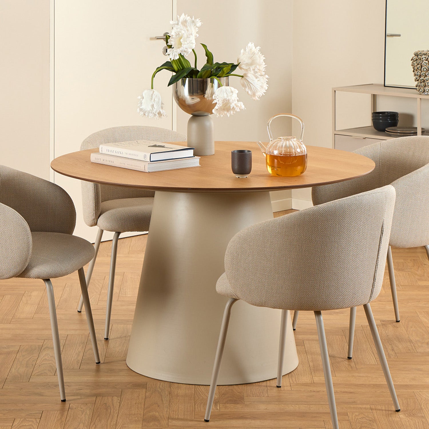 Bosco Dining Table Round Modern Steel Base & Wood Veneer - Natural Oak /Cashmere