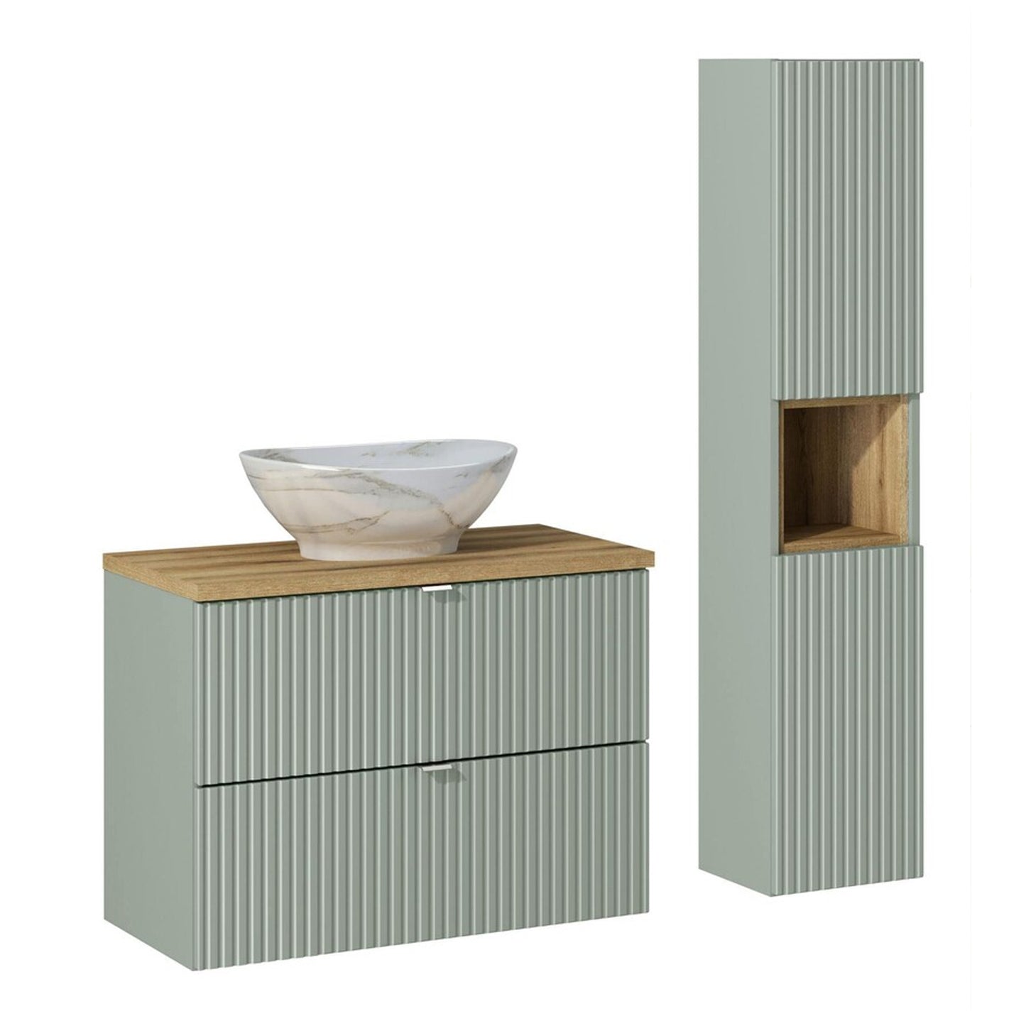 Line Reed Bathroom Wall Mounted 80cm Vanity Unit Set with Tall Cabinet and Worktop Basin - Sage / Oak