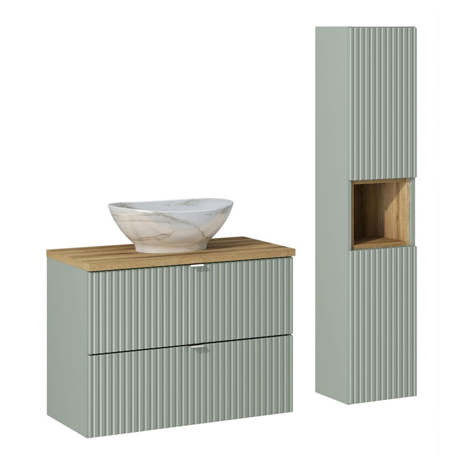 Line Reed Bathroom Wall Mounted 80cm Vanity Unit Set with Tall Cabinet and Worktop Basin - Sage / Oak