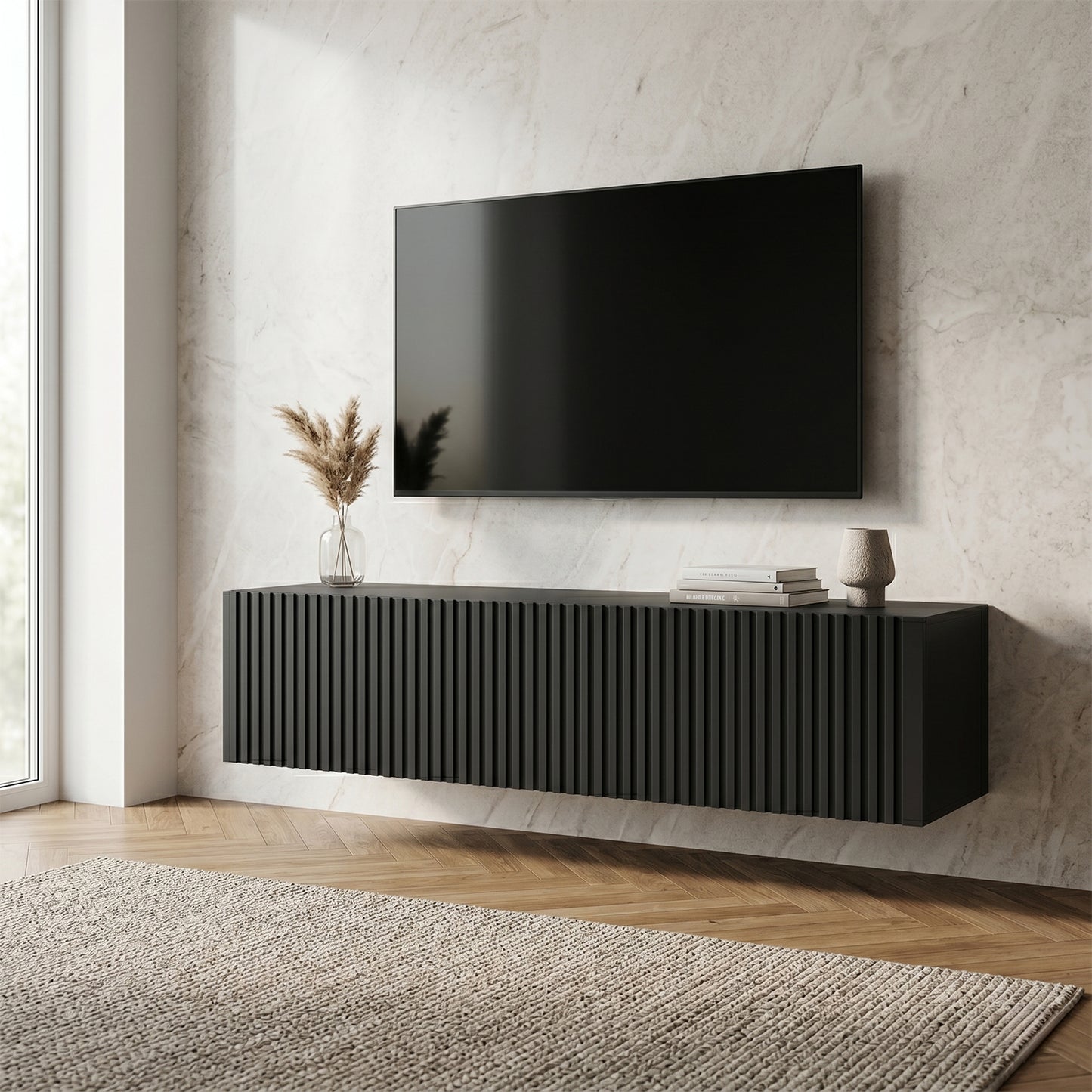 Joyce Wall Mounted TV Unit Modern Fluted Matt Finish 150cm - Black Matt