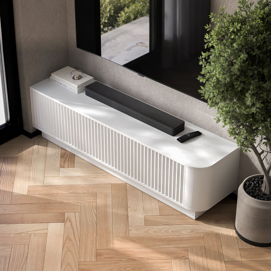 Aurora Rounded Corner Fluted TV Unit 140cm Glamour Style with Plinth Stand - White