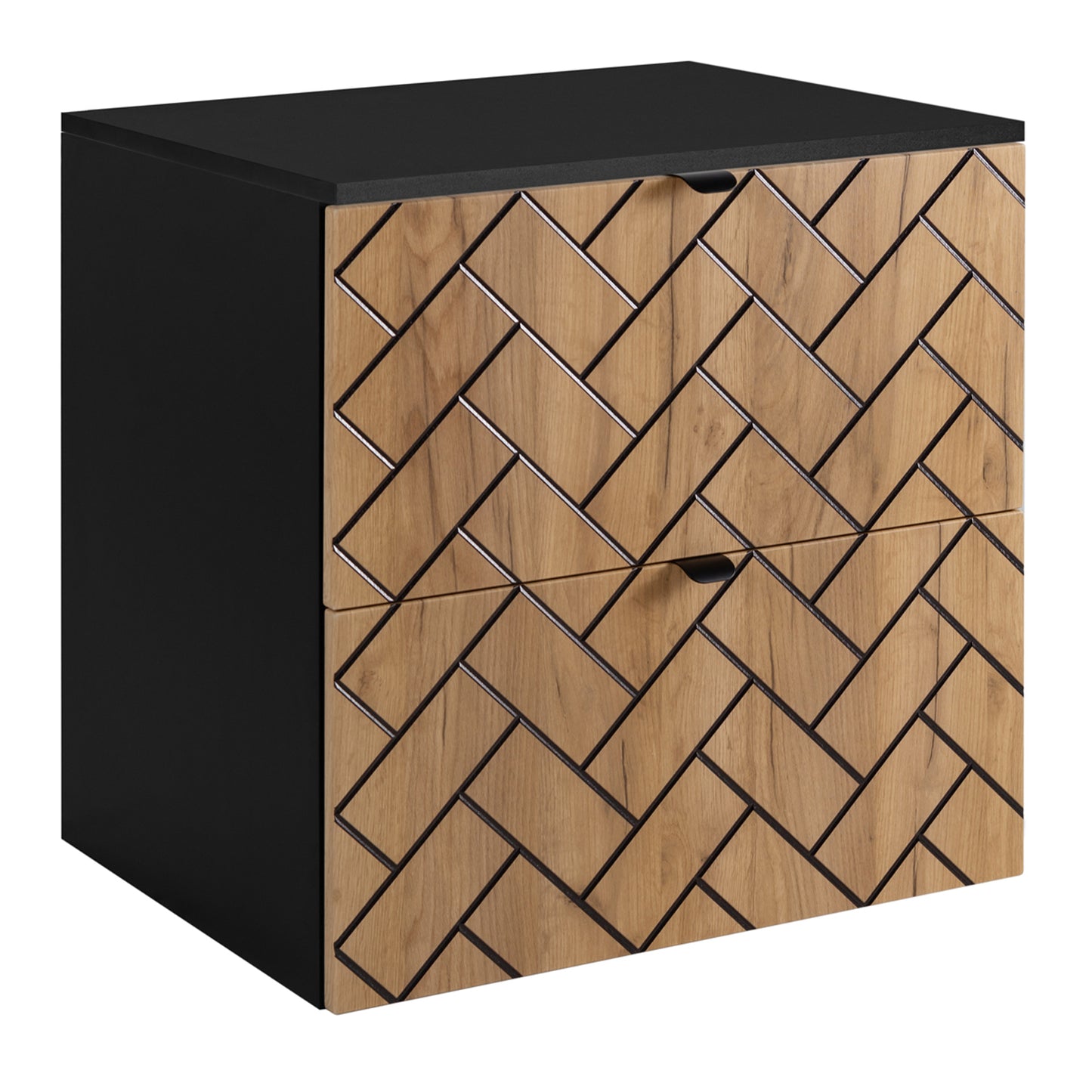 Trend Herringbone Pattern Door 60cm Bathroom Cabinet Vanity Unit with Worktop - Gold Craft Oak / Black