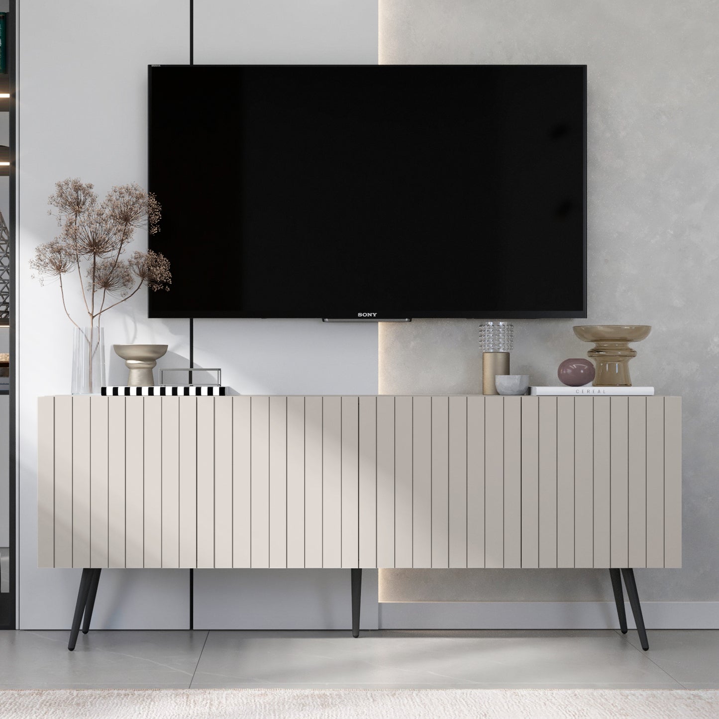 Elpis Glamour Standing TV Cabinet Media Unit with Storage 4D 150cm - Cashmere Matt / Black Legs