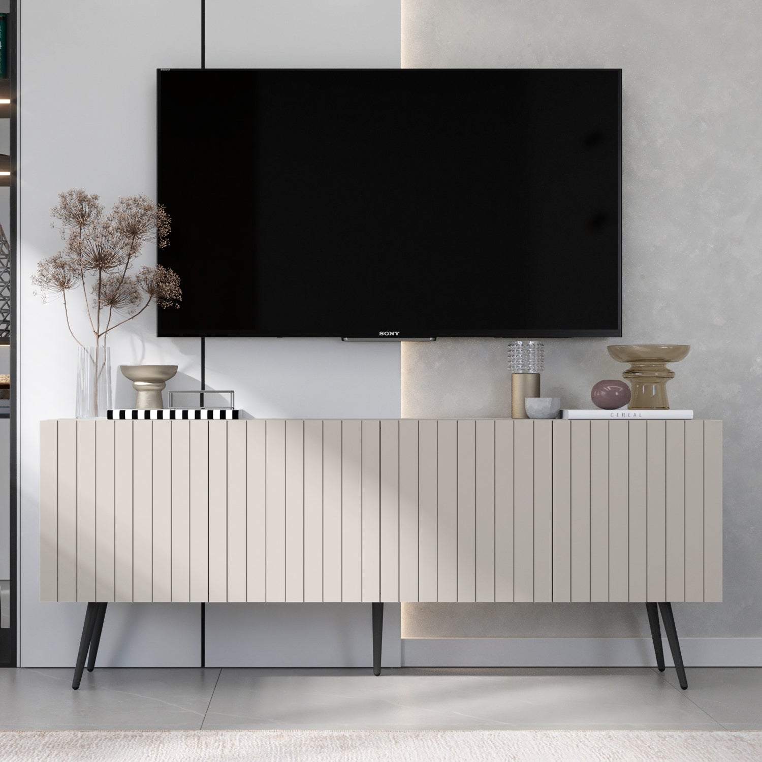Elpis Glamour Standing TV Cabinet Media Unit with Storage 4D 150cm - Cashmere Matt / Black Legs