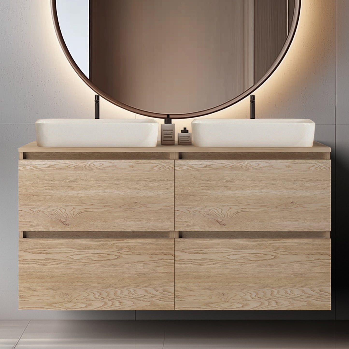 Simple Minimalist Bathroom Vanity Cabinet 120cm with Worktop Basins - Light Oak