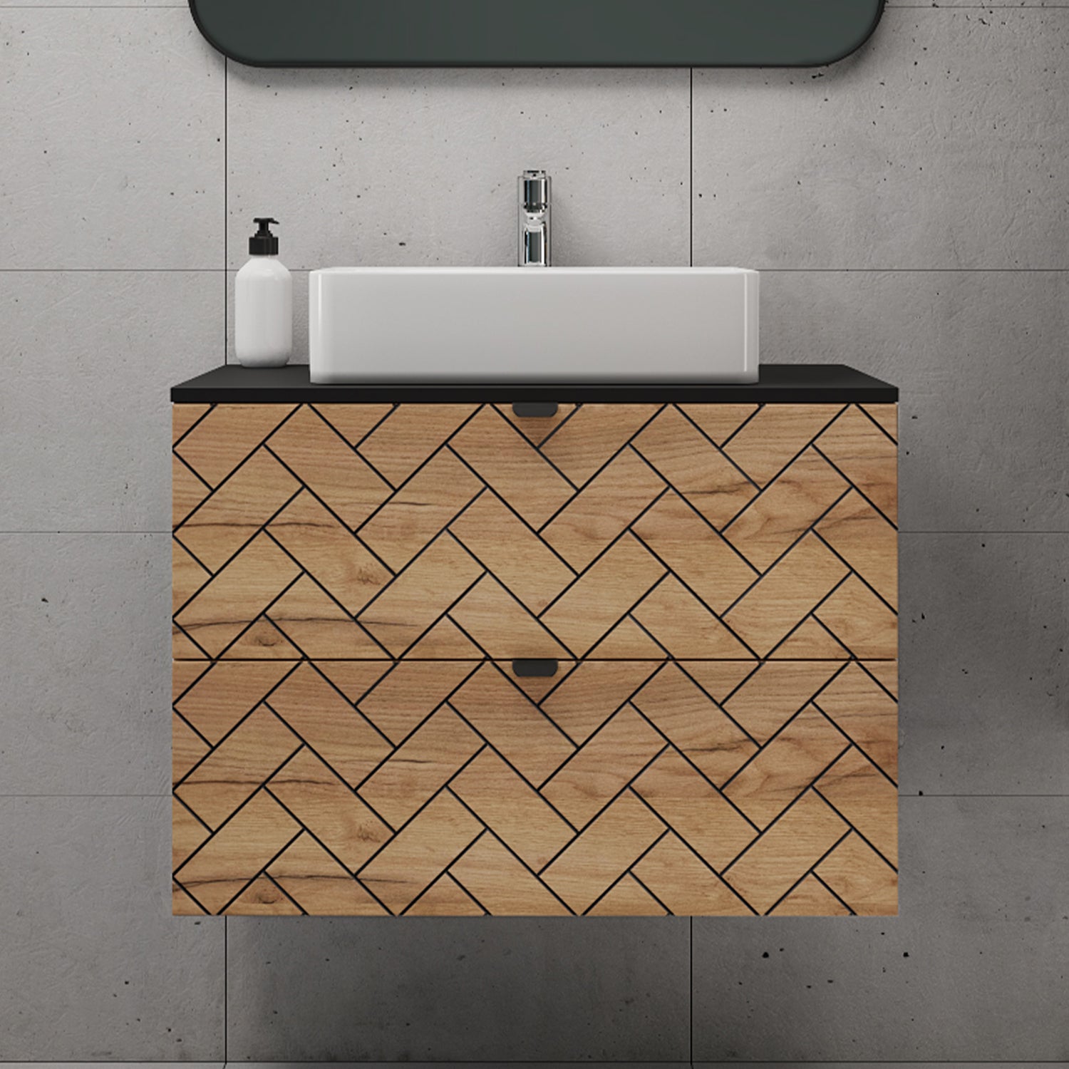 Trend Herringbone Pattern Door 80cm Bathroom Cabinet Vanity Unit with Worktop - Gold Craft Oak / Black