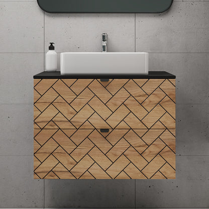 Trend Herringbone Pattern Door 80cm Bathroom Cabinet Vanity Unit with Worktop - Gold Craft Oak / Black