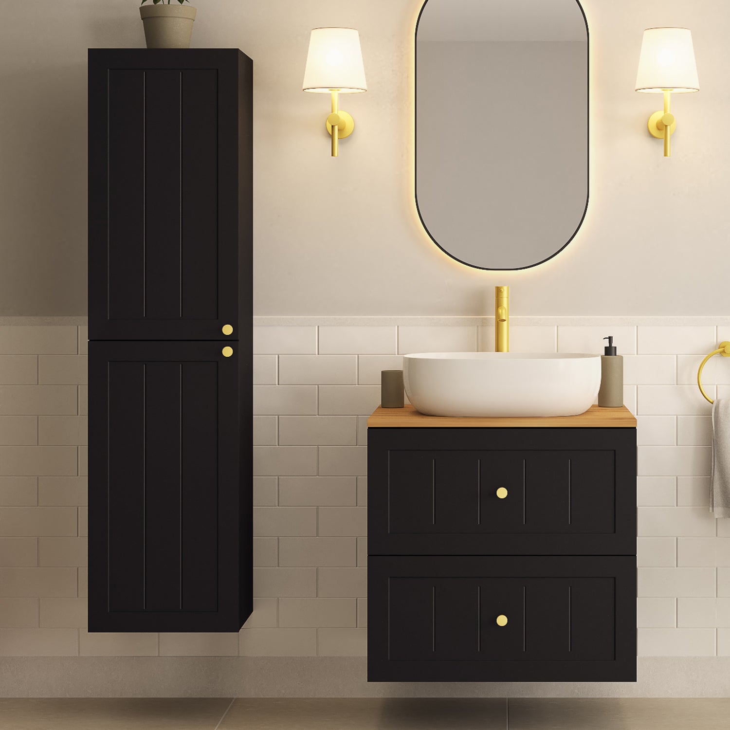 Gusto Scandi Style Bathroom Wall Cabinets Vanity Unit with Worktop Set 35cm & 60cm - Black