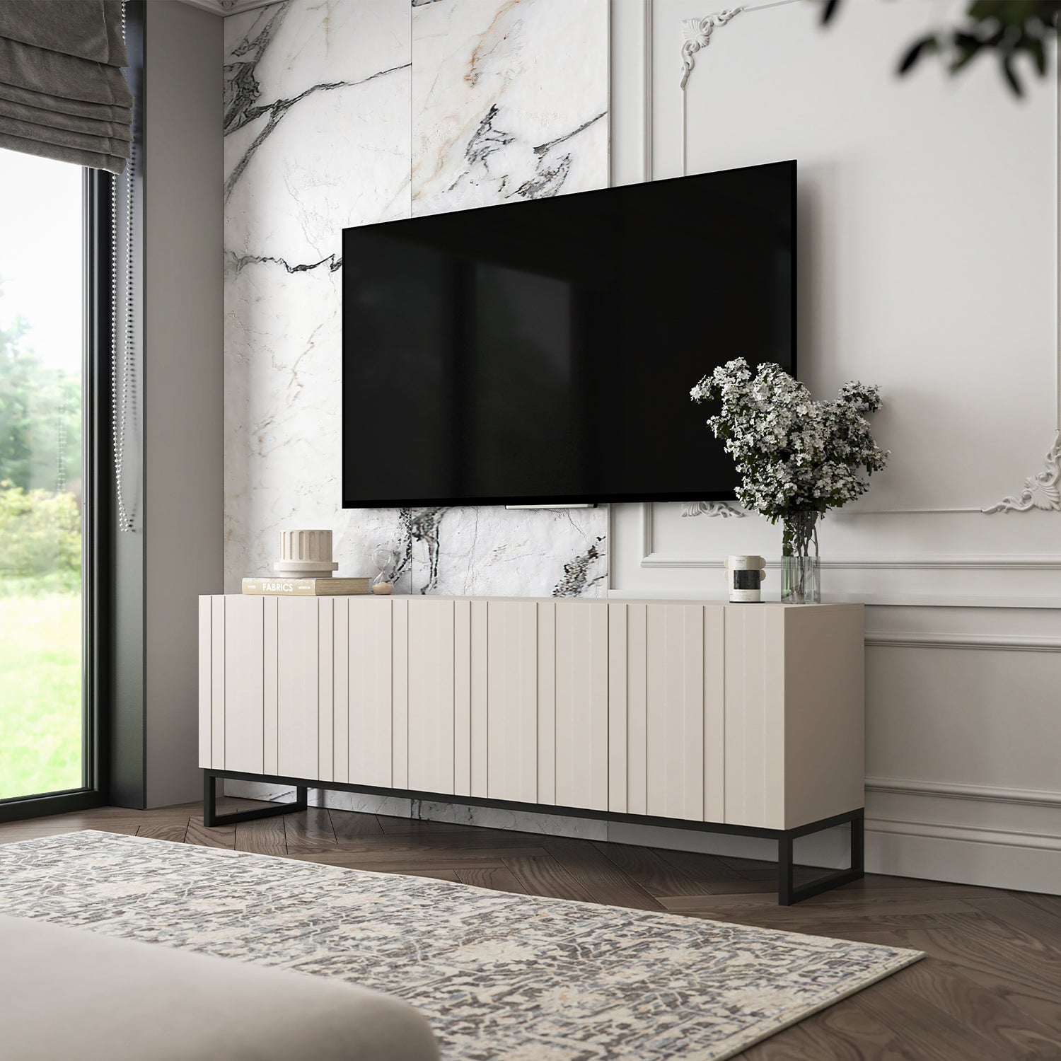 Elpis Glamour Standing TV Cabinet Media Unit with Storage 4D 150cm - Cashmere Matt / Black Frame