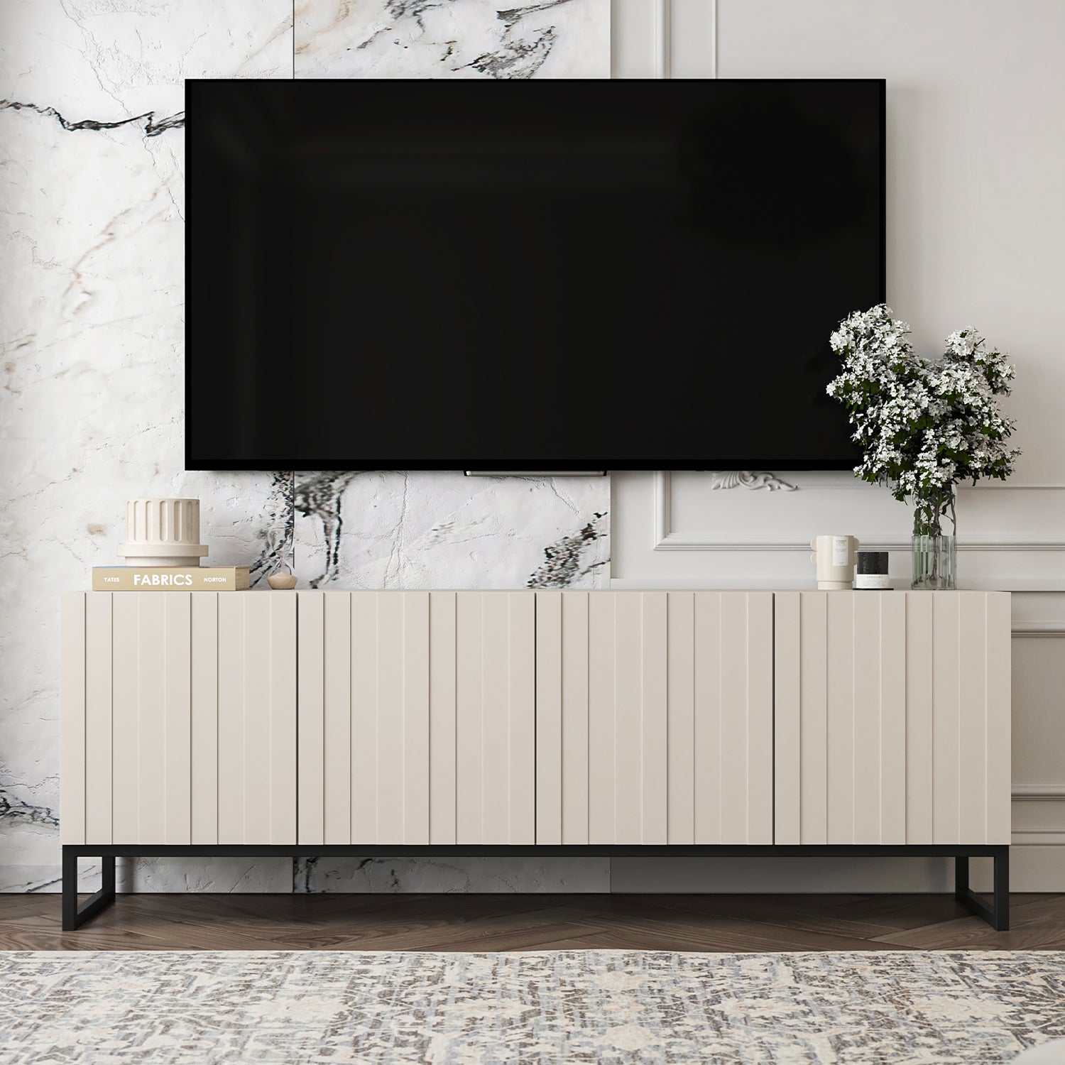 Elpis Glamour Standing TV Cabinet Media Unit with Storage 4D 150cm - Cashmere Matt / Black Frame