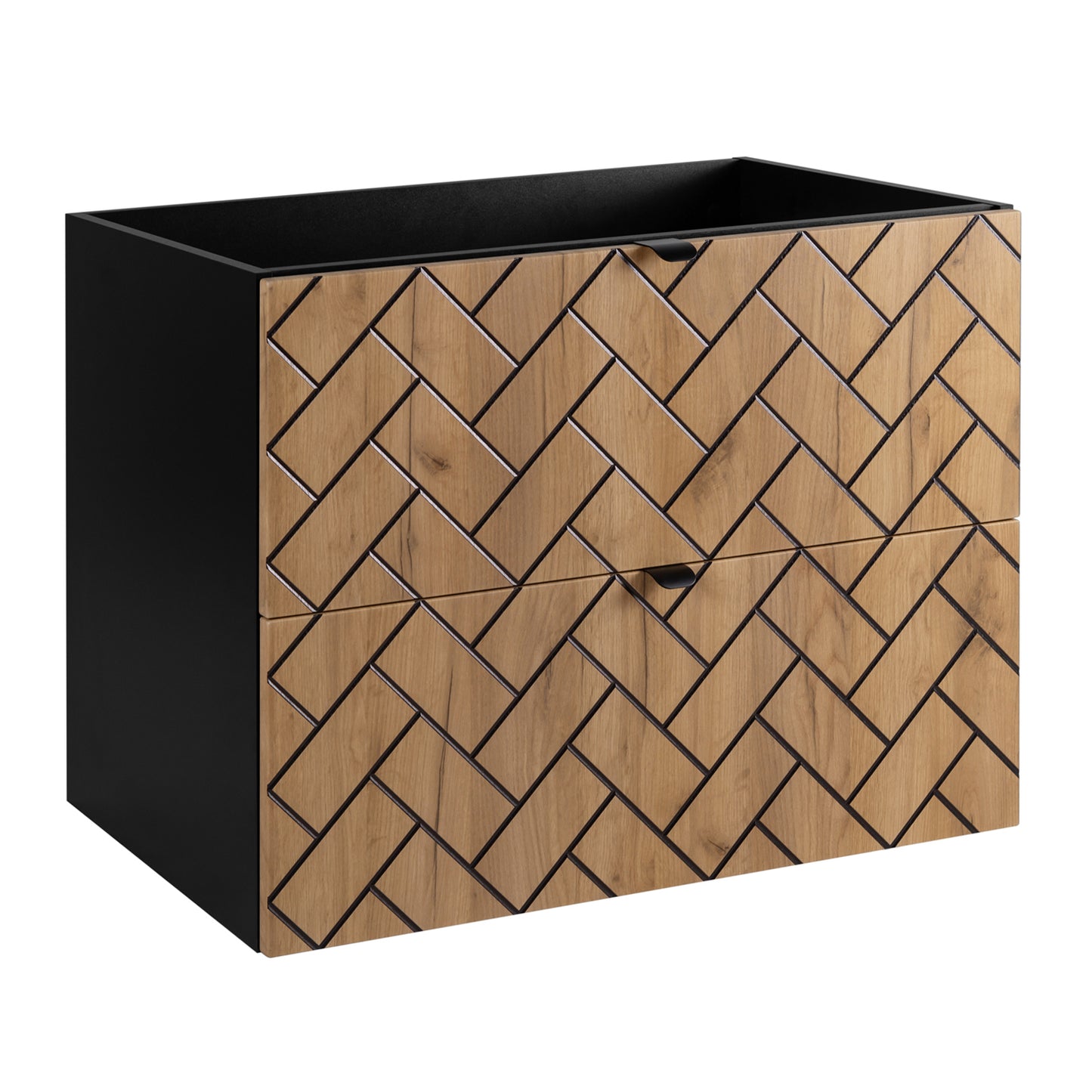 Trend Herringbone Pattern Door 80cm Bathroom Cabinet Vanity Unit with Worktop - Gold Craft Oak / Black