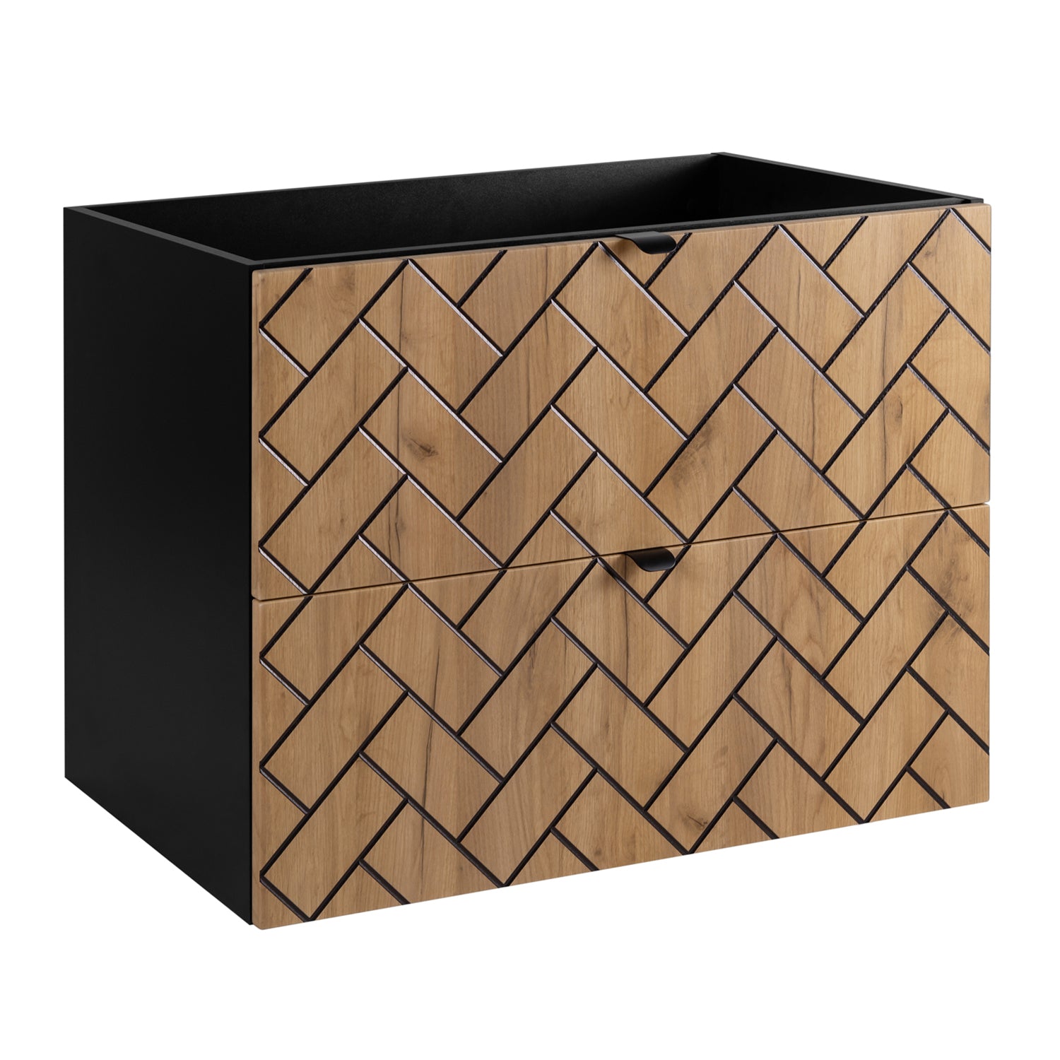 Trend Herringbone Pattern Door 80cm Bathroom Cabinet Vanity Unit with Worktop - Gold Craft Oak / Black