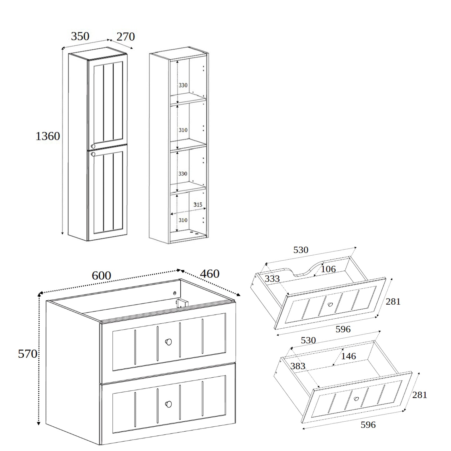 Gusto Scandi Style Bathroom Wall Cabinets Vanity Unit with Worktop Set 35cm & 60cm - Cashmere