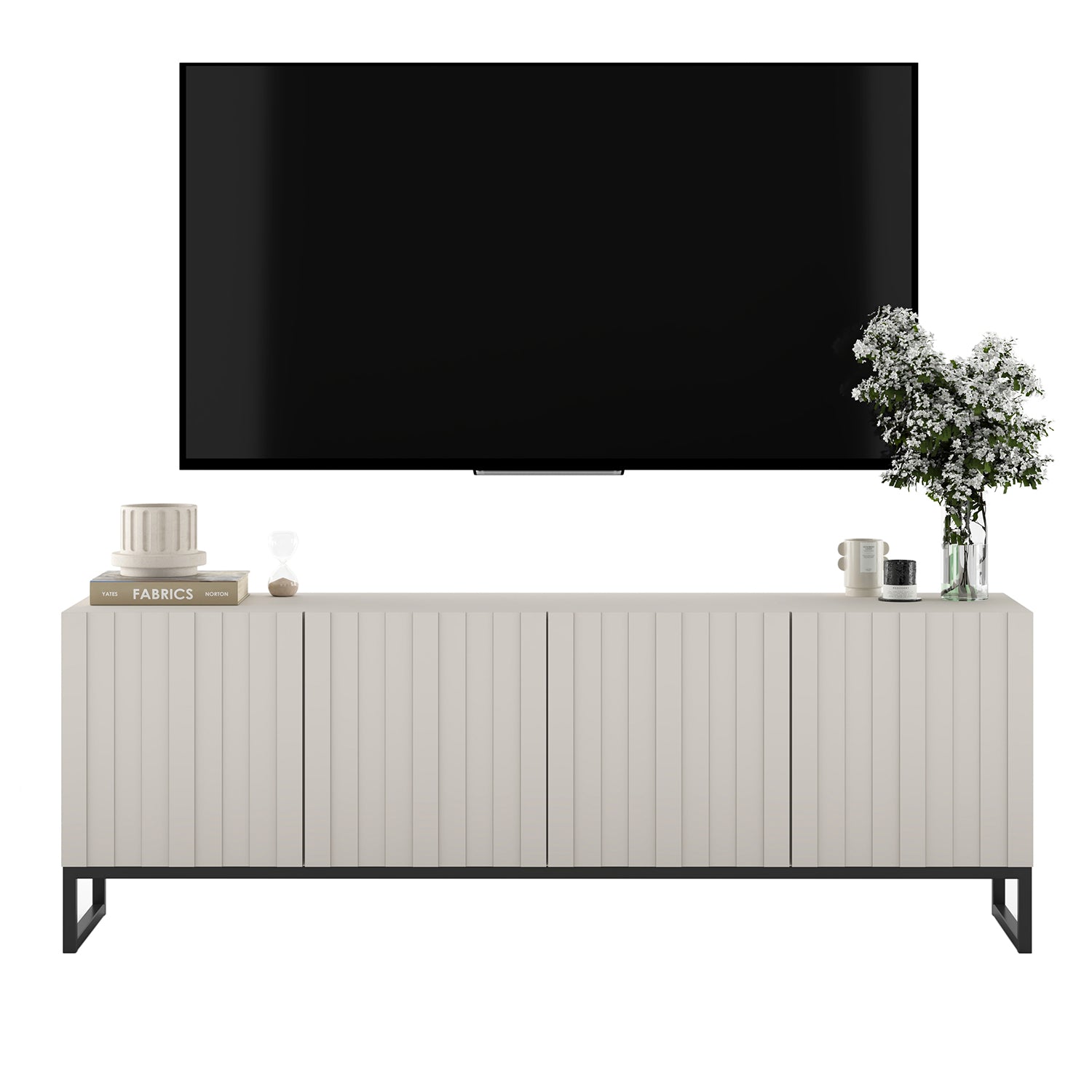 Elpis Glamour Standing TV Cabinet Media Unit with Storage 4D 150cm - Cashmere Matt / Black Frame