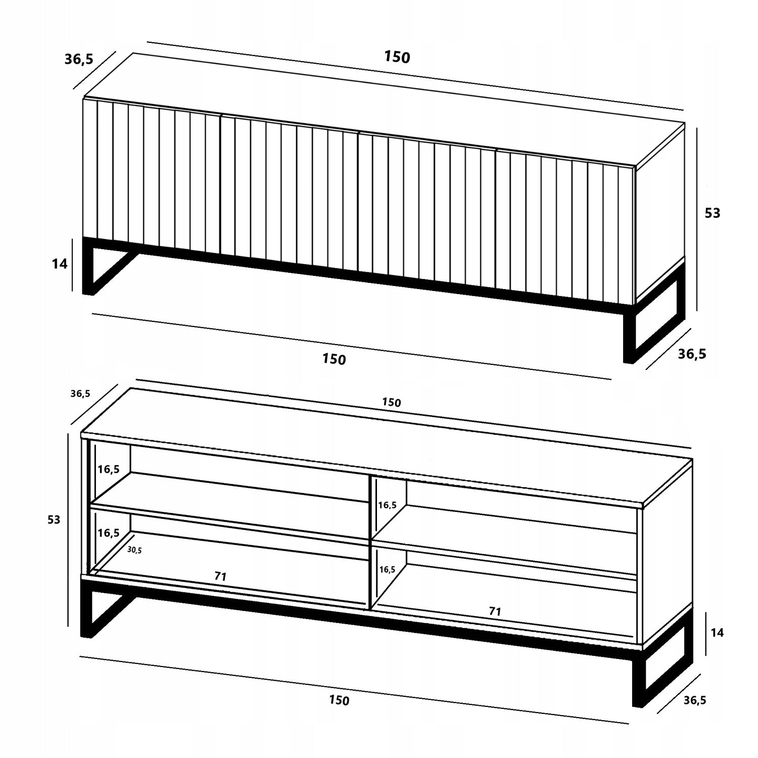 Elpis Glamour Standing TV Cabinet Media Unit with Storage 4D 150cm - Cashmere Matt / Black Frame