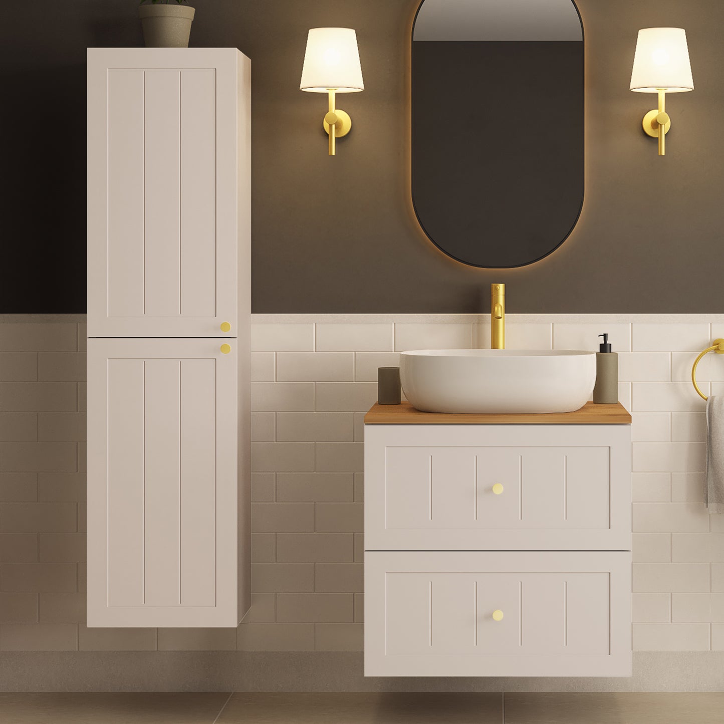 Gusto Scandi Style Bathroom Wall Cabinets Vanity Unit with Worktop Set 35cm & 60cm - Cashmere