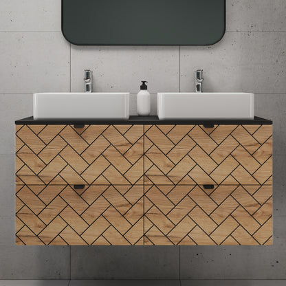 Trend Herringbone Pattern Door 120cm Bathroom Cabinet Vanity Unit with Worktop - Gold Craft Oak / Black
