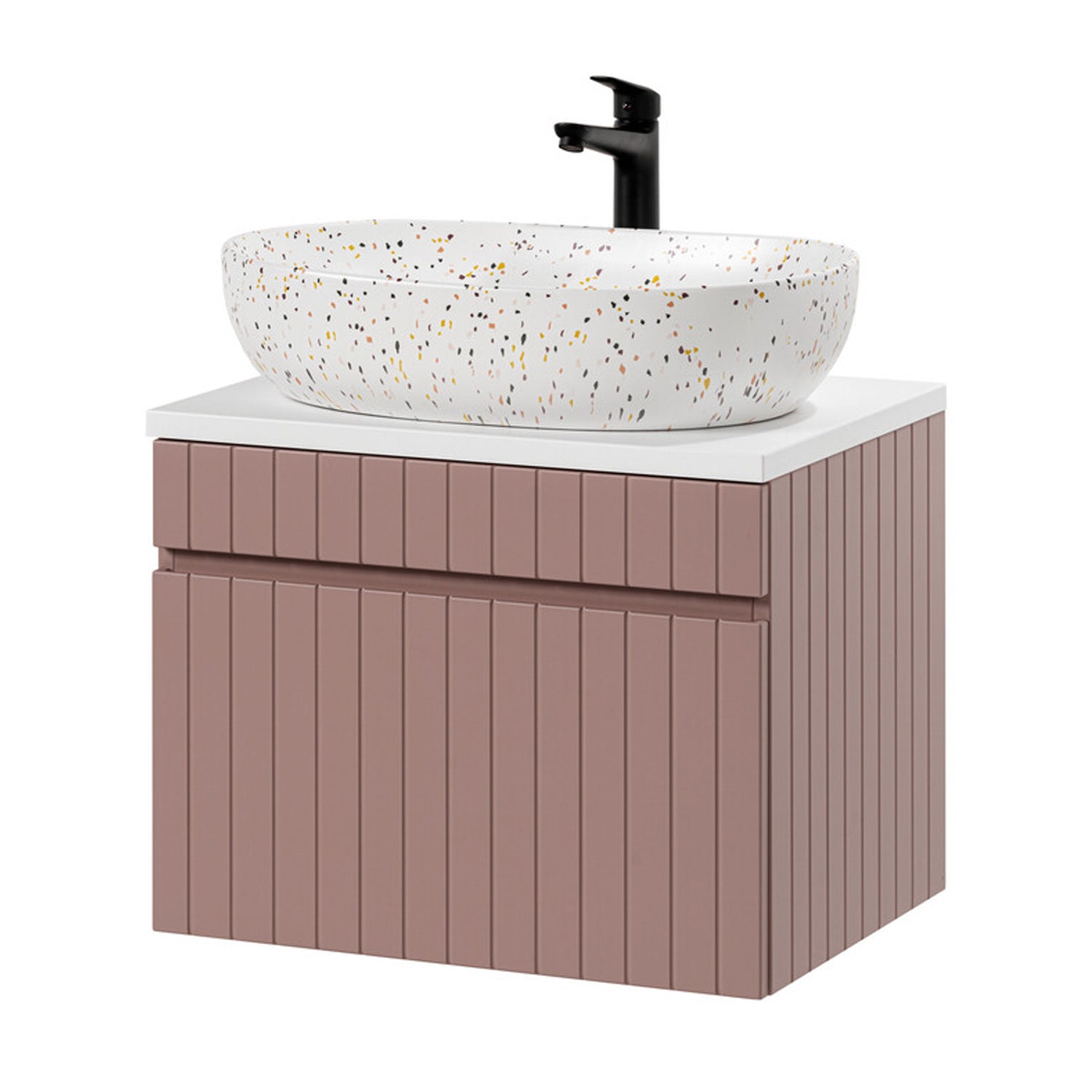 Iconic 60cm 1 Drawer Wall Mounted Bathroom Cabinet Vanity Unit with Worktop Basin - Rose