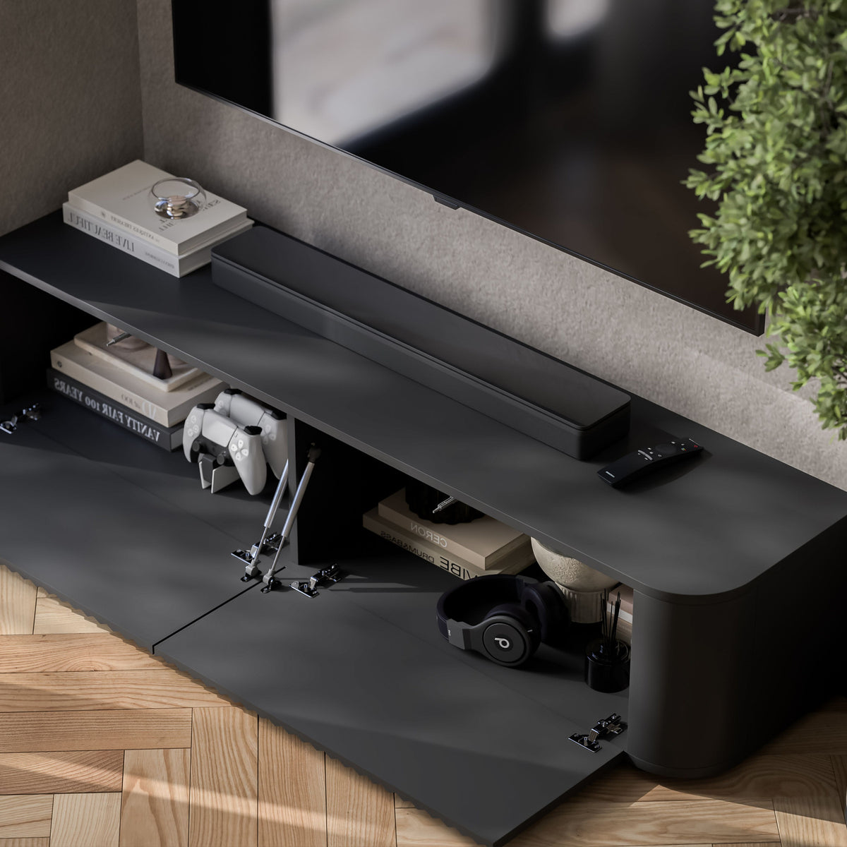 Aurora Rounded Corner Flutted TV Unit 140cm Glamour Style with Floor Pads - Black
