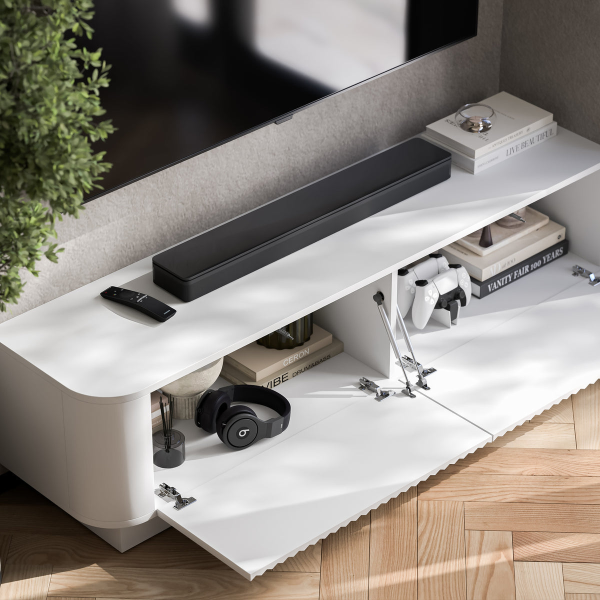 Aurora Rounded Corner Flutted TV Unit 140cm Glamour Style with Plinth Stand - White