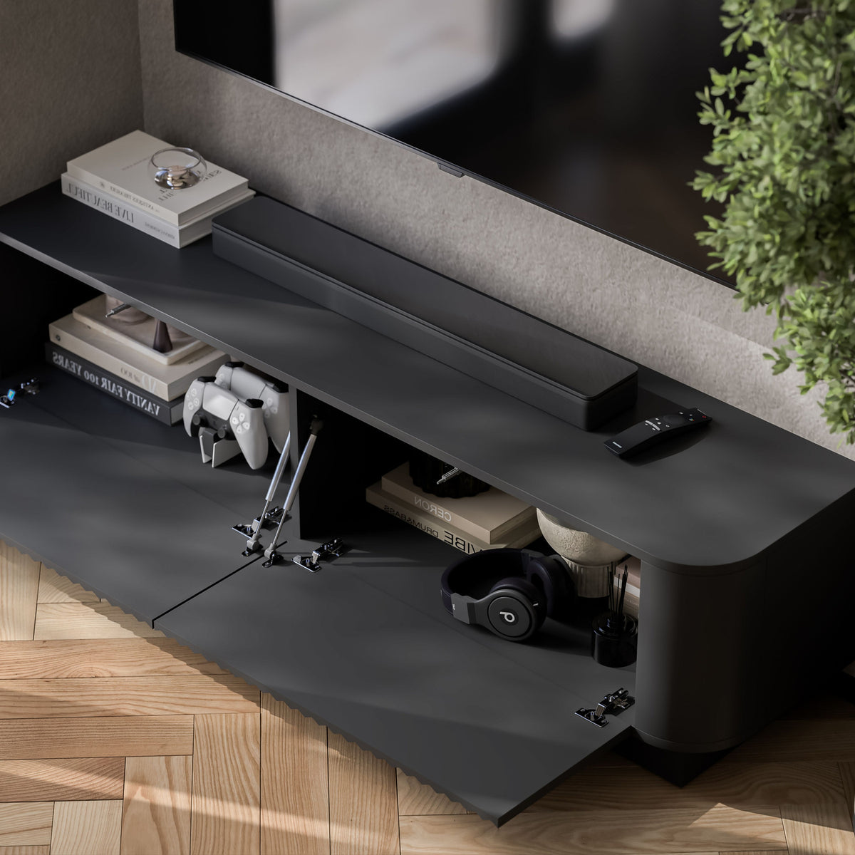 Aurora Rounded Corner Flutted TV Unit 140cm Glamour Style with Plinth Stand - Black