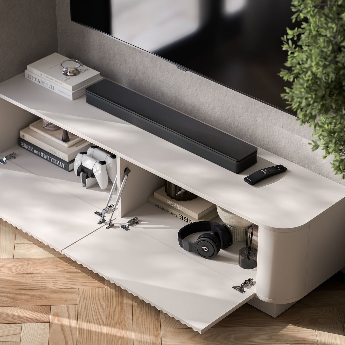 Aurora Rounded Corner Flutted TV Unit 140cm Glamour Style with Plinth Stand - Cashmere